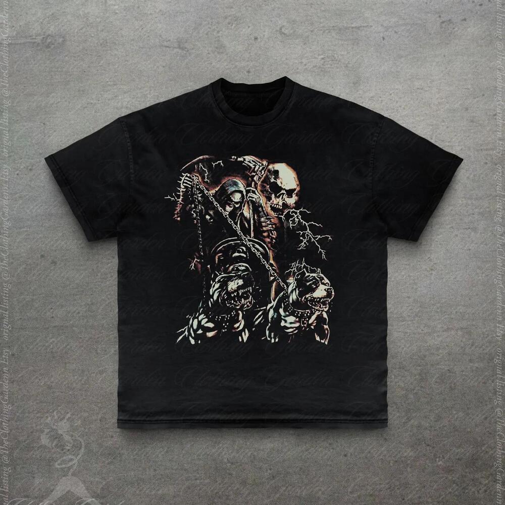 S Gothic Alt Graphic Tee, Skeleton Skull Print Shirt, Dark Horror Art